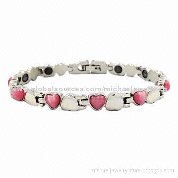 Magnetic Stainless Steel Bracelets with Bio-healthy Elements and 10pcs of Pink Opals